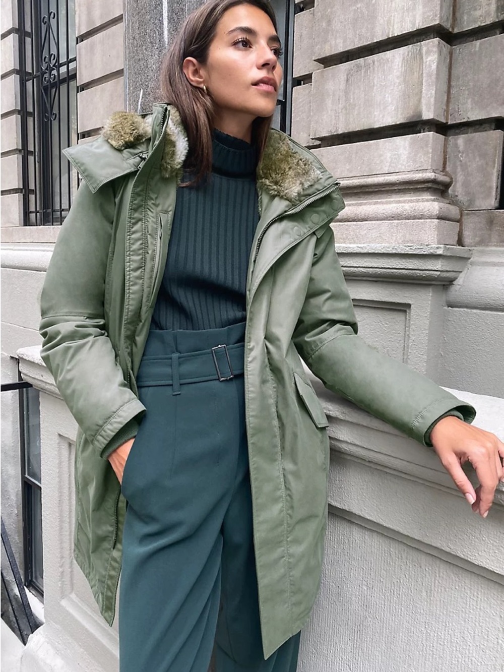 Aritzia Olive Green Faux-Fur Lined Puffer Jacket